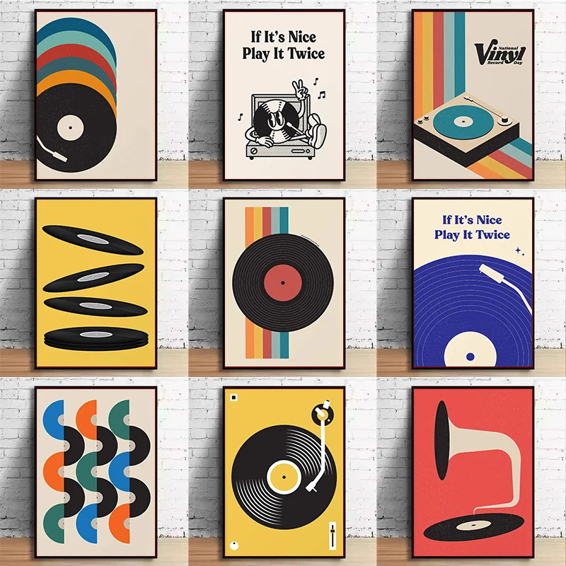 Home Office Or - Mid-Century Vinyl-Schallplatten-Leinwand-Wandkunstdruck, ungerahmtes minimalistisches Musik-Pastell-Poster für