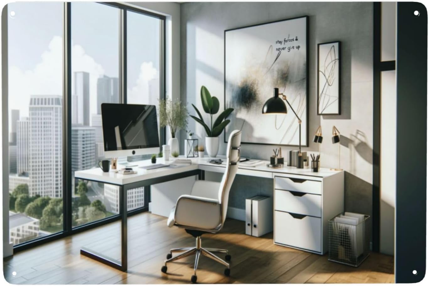 Home Office Room Inspiration - Moderne, minimalistische Metallschilder für das Büro,