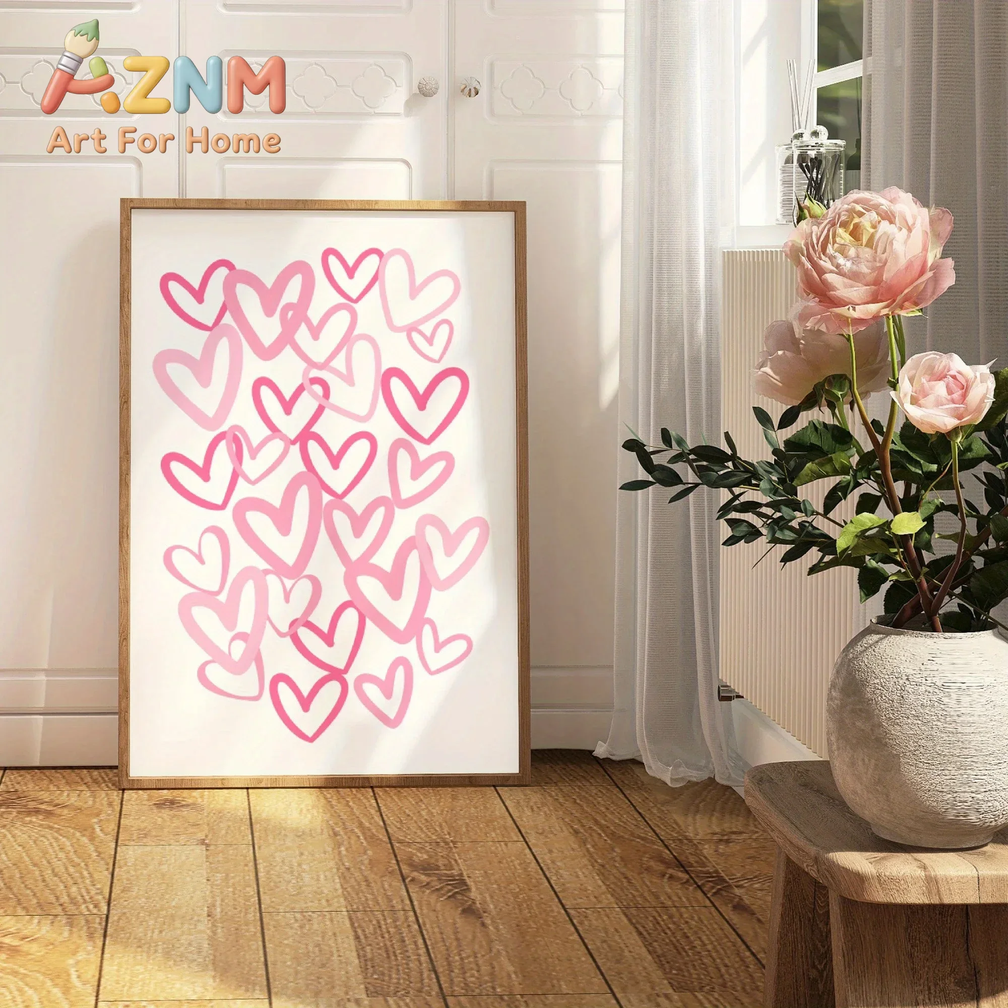 Home Office Room Inspiration - Schickes Leinwandbild mit rosa Herzen, modernes
